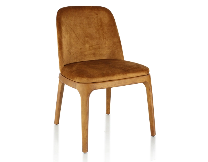 Chaise design bois teinte merisier et tissu velours bronze