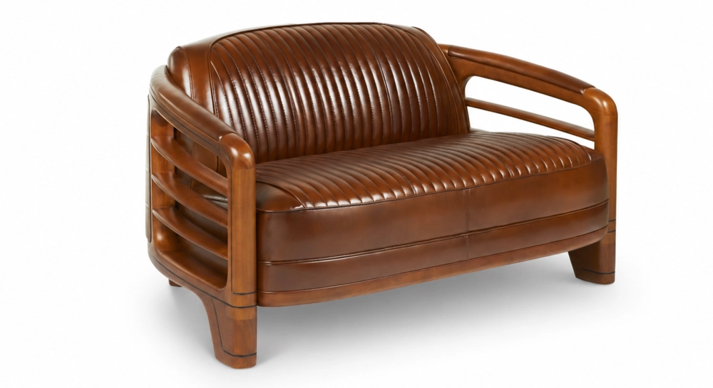 Sofá club de madera y piel de 2 plazas marron vintage