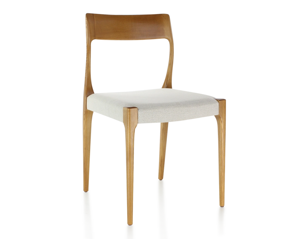 Chaise scandinave bois teinte merisier assise tissu beige naturel