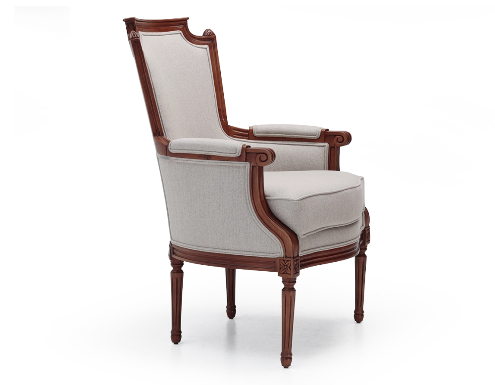 Sillón bergère estilo Luis XVI madera con tinte envejecido y tejido beige natural