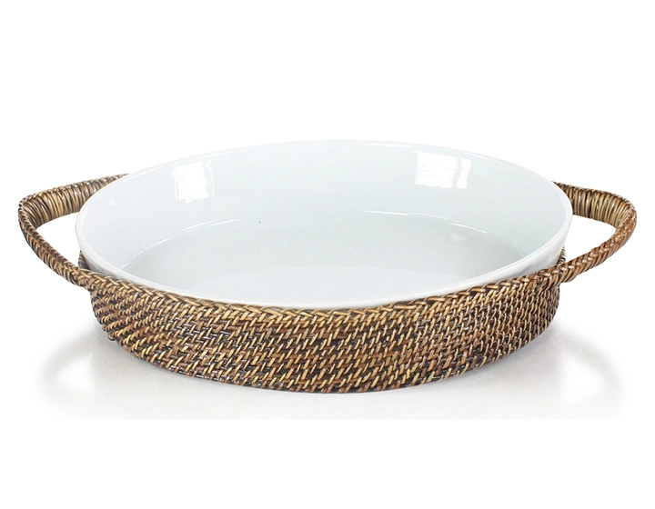 Plat porcelaine ovale avec support en fleur de rotin petit modèle