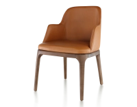 Chaise design avec accoudoirs bois teinte marron foncé et cuir caramel