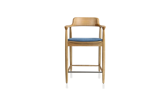 Taburete de bar h60 cm madera tinte natural asiento tejido azul vaquero