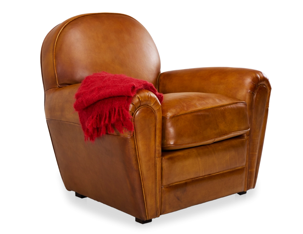 Fauteuil club cuir cognac accoudoirs passepoil