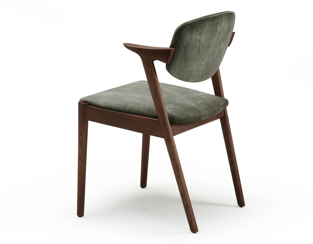 Scandinavian chair dark brown stained wood with forest green velvet seat.