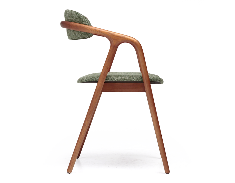 Chaise scandinave bois teinte merisier assise tissu beige chiné vert