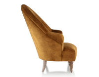 Fauteuil crapaud avec accoudoirs pieds bois teinte noyer et tissu velours bronze haut dossier