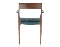 Scandinavian armchair with armrests dark brown stained wood, petrol blue velvet seat