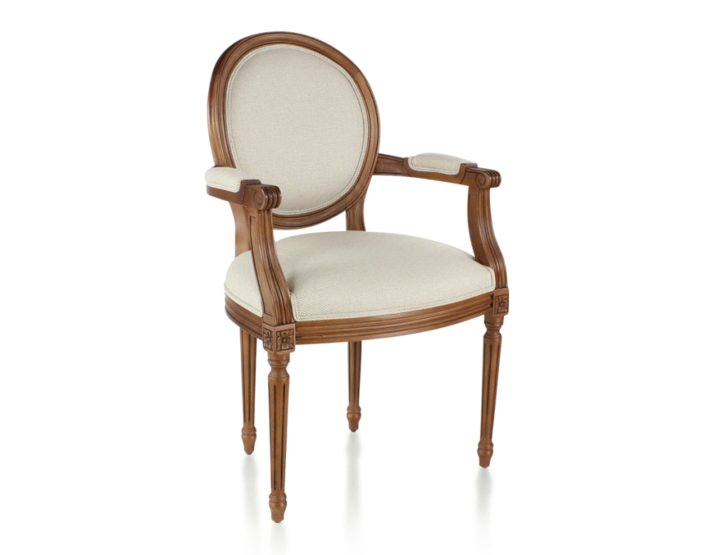 Chaise ancienne style Louis XVI avec accoudoirs bois teinte ancienne et tissu chevron beige