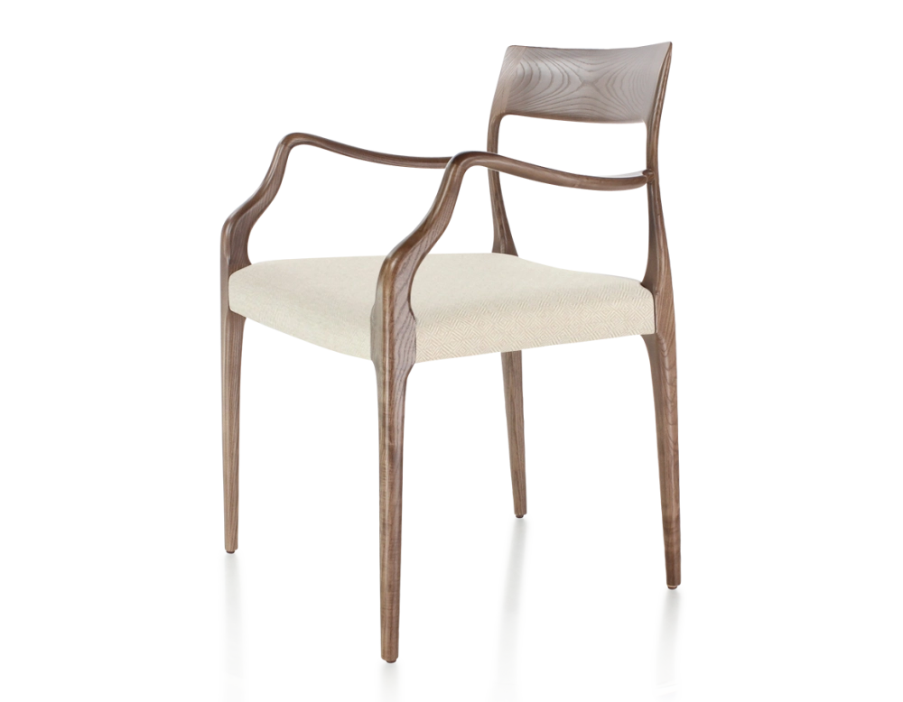 Chaise scandinave avec accoudoirs bois teinte marron foncé assise tissu chevron beige