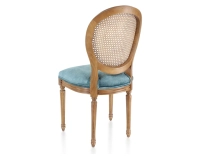 Chaise ancienne style Louis XVI bois teinte ancienne dossier canné assise tissu velours bleu pétrole