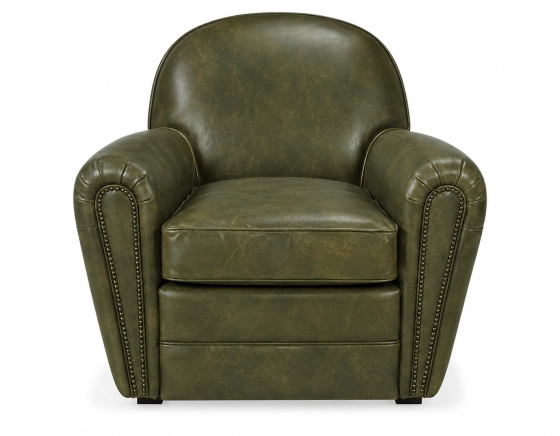 Fauteuil club cuir vert olive accoudoirs cloutés
