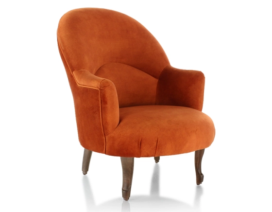 Sillón crapaud con reposabrazos patas de madera tinte nogal y tejido terciopelo terracota