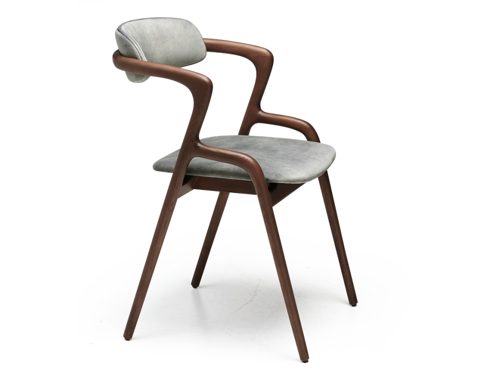 Scandinavian chair walnut wood with a grey-blue velvet fabric seat.
