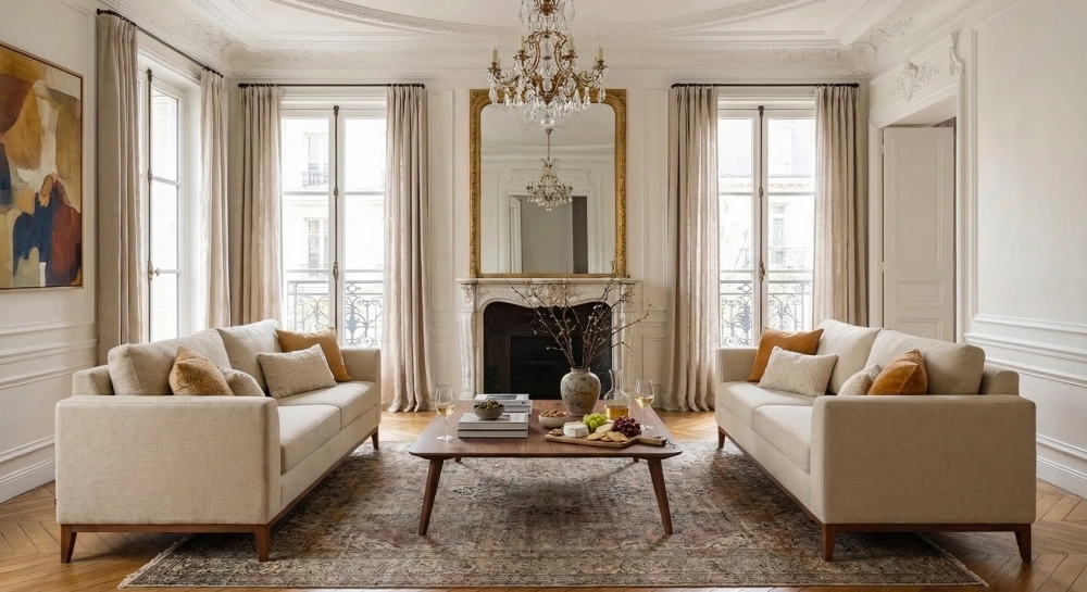 Canapé design 3 places tissu chiné beige