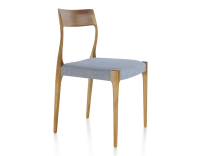 Silla escandinava madera tinte cerezo asiento tejido chevron azul