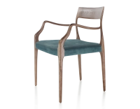 Scandinavian armchair with armrests dark brown stained wood, petrol blue velvet seat