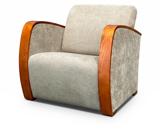 Sillón de diseño bois teinte merisier et tissu vert bambou
