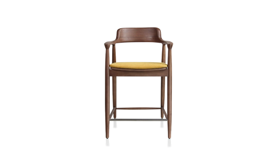 Taburete de bar h60 cm madera tinte nogal asiento tejido amarillo