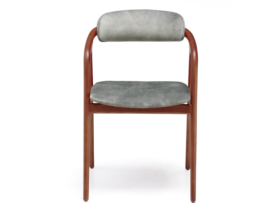 Scandinavian chair cherry wood stain, seat in grey-blue velvet fabric.