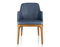 Designer chair with armrests cherry-stained wood and storm blue leather