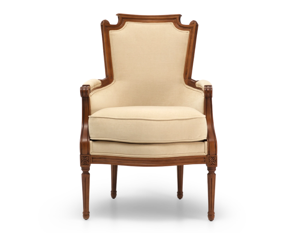 Sillón bergère estilo Luis XVI madera con tinte envejecido y tejido crema