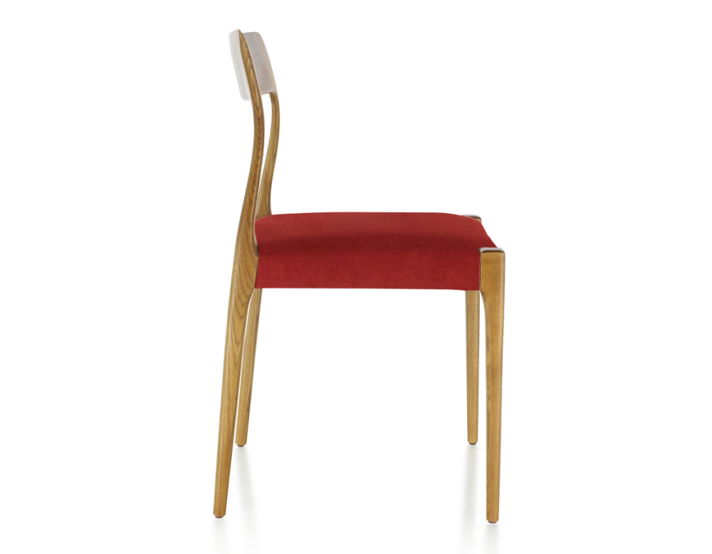 Scandinavian chair cherry stained wood burgundy fabric seat