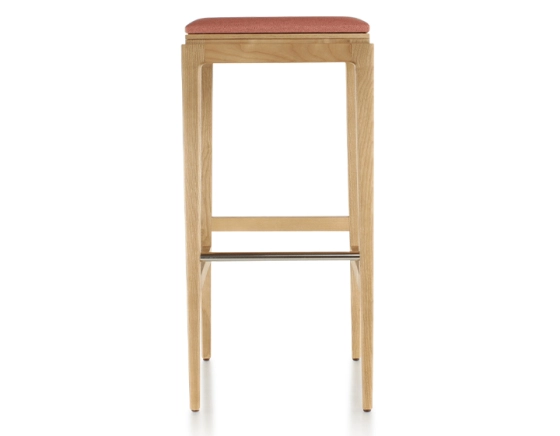 H80 cm designer bar stool natural wood stain coral pink fabric seat
