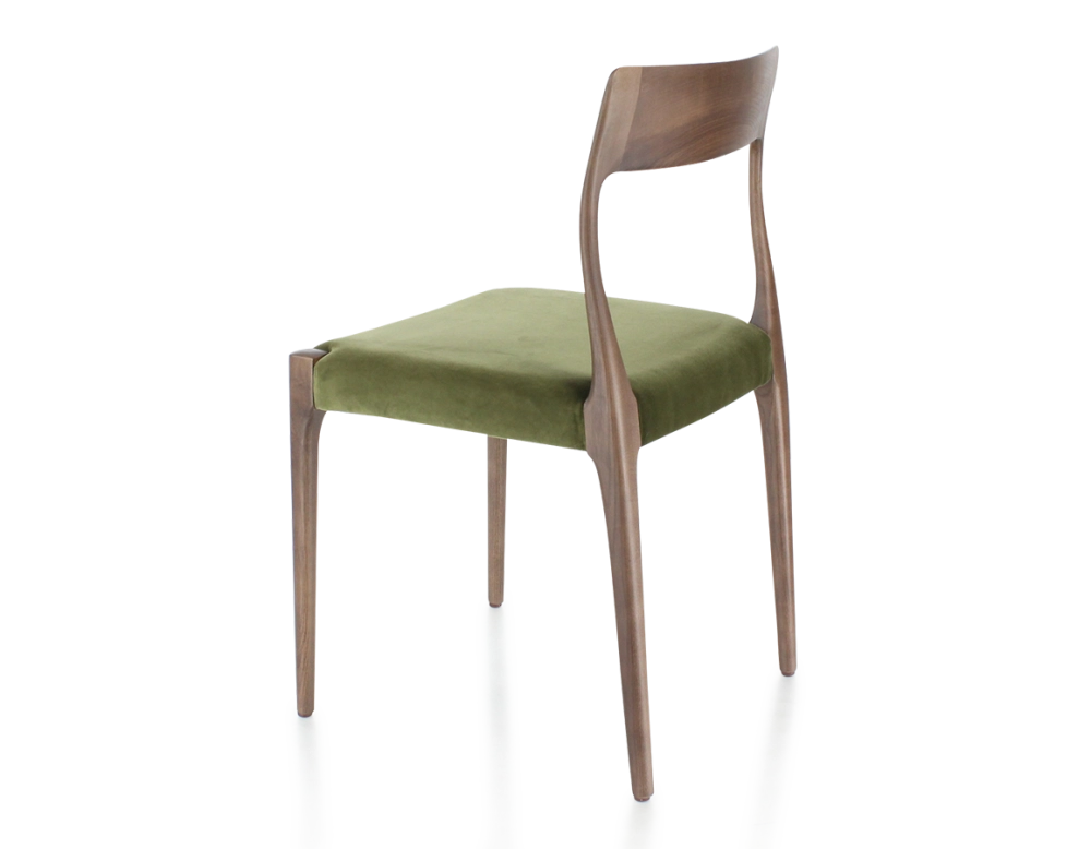 Chaise scandinave bois teinte marron foncé assise tissu vert olive