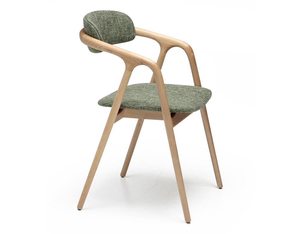 Chaise scandinave bois teinte naturelle assise tissu chiné vert