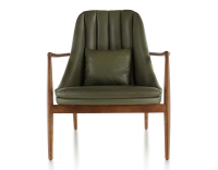 Scandinavian armchair bois teinte merisier et cuir vert kaki
