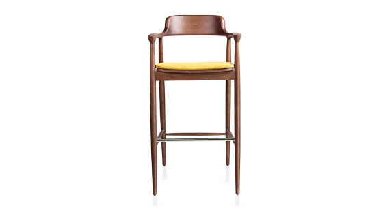 Taburete de bar h80 cm madera tinte nogal asiento tejido amarillo