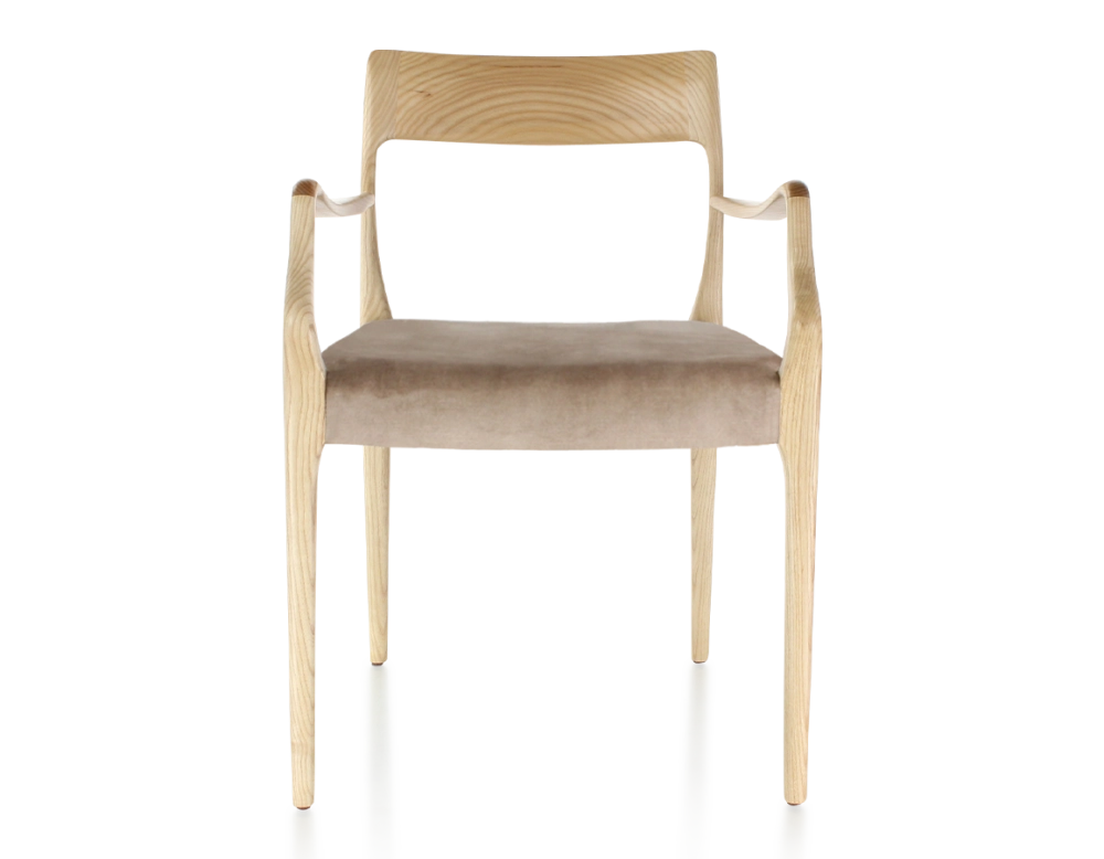 Chaise scandinave avec accoudoirs bois teinte naturelle assise tissu velours taupe clair