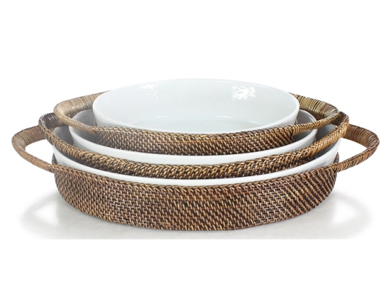 Plat porcelaine ovale avec support en fleur de rotin moyen modèle