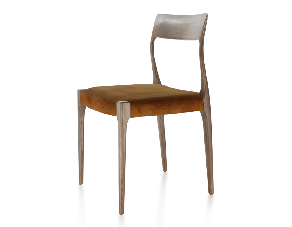Chaise scandinave bois teinte marron foncé assise tissu velours bronze