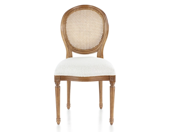 Antique Louis XVI style chair wood stained old caned back white curly fabric seat