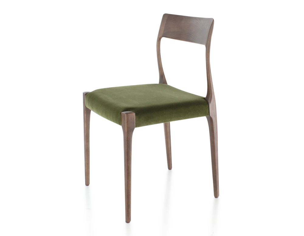 Chaise scandinave bois teinte marron foncé assise tissu vert olive