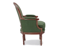 Fauteuil bergère mouluré style Louis XVI bois teinte ancienne et tissu vert foncé