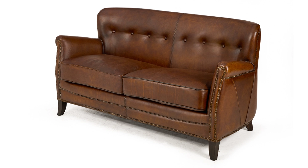 Canapé club cuir 2 places marron vintage accoudoirs cloutés