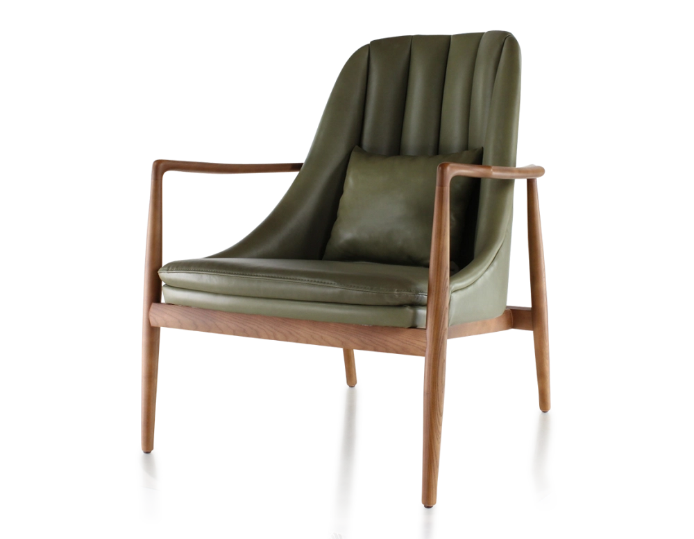 Scandinavian armchair bois teinte merisier et cuir vert kaki