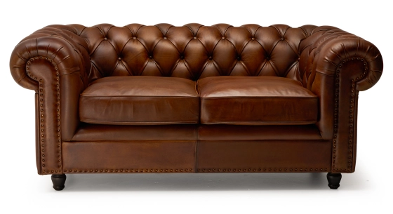 2 seater Chesterfield leather sofa brown vintage studded armchairs