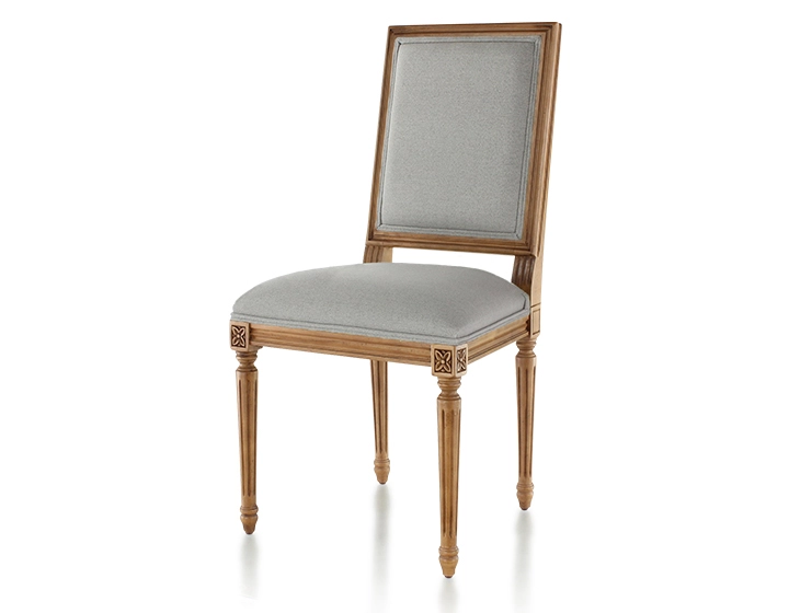 Antique Louis XVI style chair wood stained in an antique style and light grey fabric