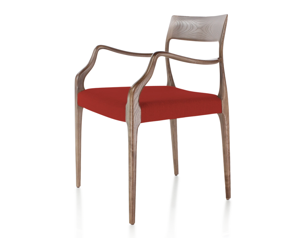 Chaise scandinave avec accoudoirs bois teinte marron foncé assise tissu bordeaux