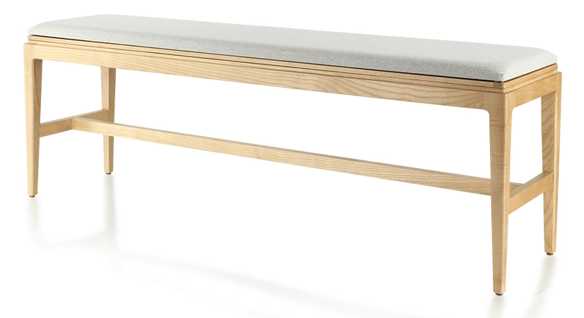 Banc design bois teinte naturelle assise tissu beige naturel L160 cm