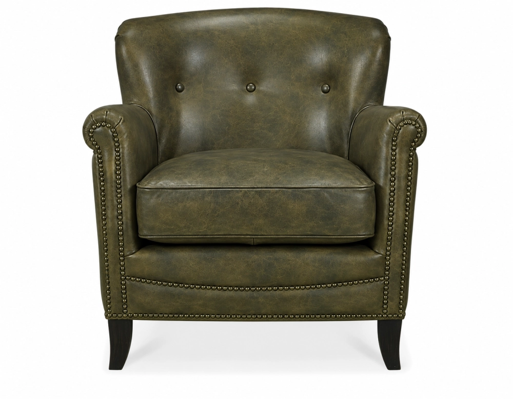 Fauteuil club cuir vert olive accoudoirs cloutés