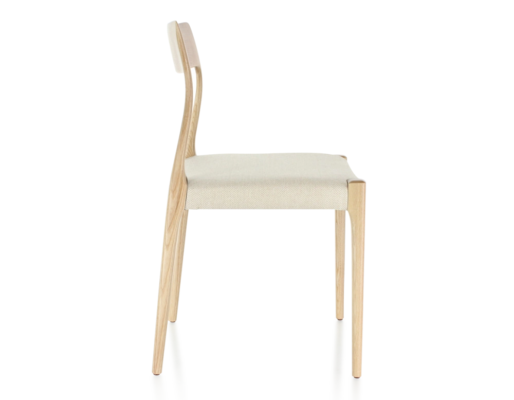 Scandinavian chair natural stained wood, beige chevron fabric seat