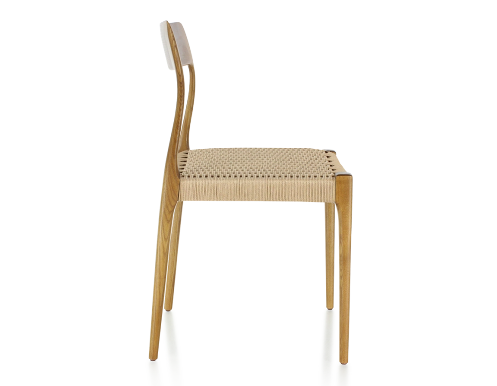 Chaise scandinave bois teinte merisier assise corde