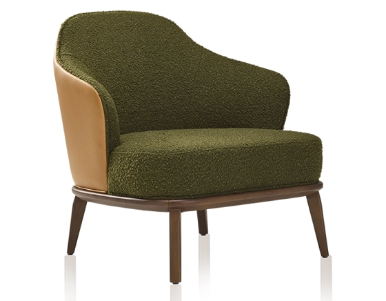 Sillón de diseño piel caramelo y tejido rizado verde
