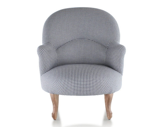Sillón crapaud con reposabrazos patas de madera tinte nogal y tejido pata de gallo azul y blanco