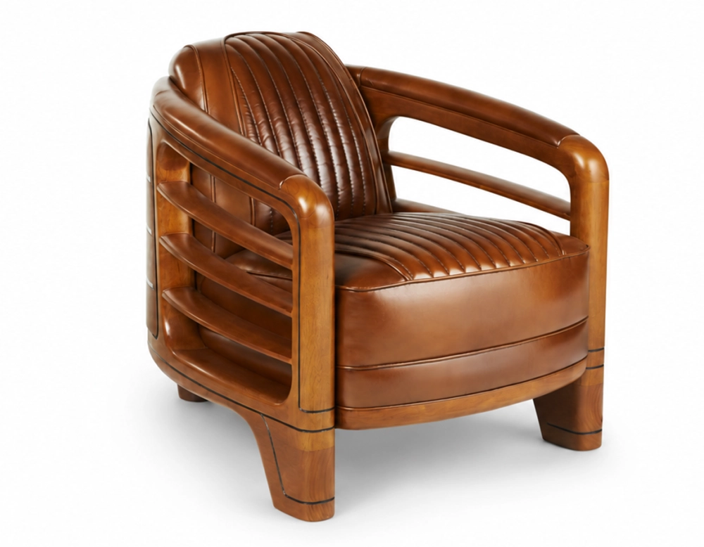 Club armchair in wood and leather marron vintage
